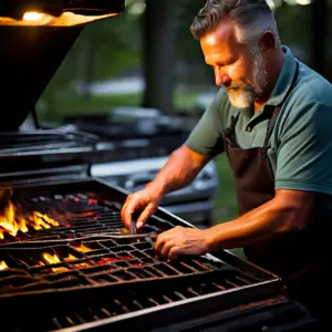 Man cooking on his grill after cleaning it for a May Maintenance Tip.