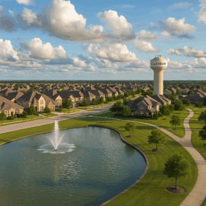 A suburban neighborhood in Fulshear, Texas, featuring rows of modern brick homes with well-kept lawns, a large water fountain in a pond, a walking trail lined with trees, and a water tower labeled "FULSHEAR" under a sky filled with scattered clouds.