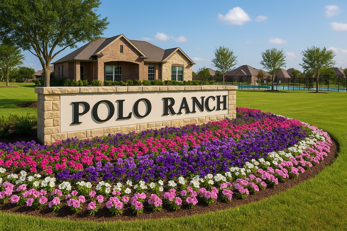 "Entrance to Polo Ranch in Fulshear, Texas, featuring a stone monument sign with bold black lettering surrounded by vibrant pink, purple, and white flowers, with a brick clubhouse, green lawns, trees, and neighborhood homes in the background under a clear blue sky."