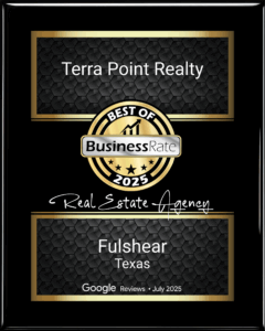 Terra Point Realty award plaque featuring a gold and black design with ‘Best of BusinessRate 2025’ badge, labeled ‘Real Estate Agency’ in Fulshear, Texas, based on Google Reviews