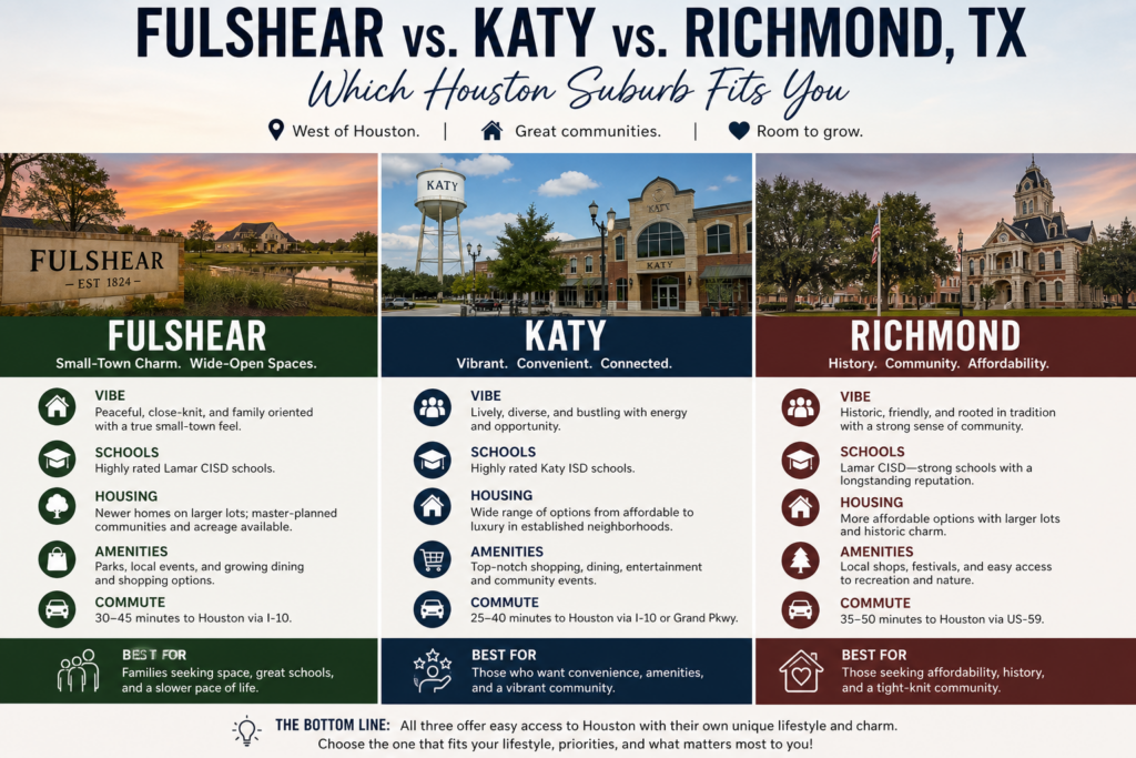 Infographic comparing Fulshear, Katy, and Richmond, TX suburbs on vibe, schools, housing, amenities, commute, and best-fit buyer. Full details in surrounding content