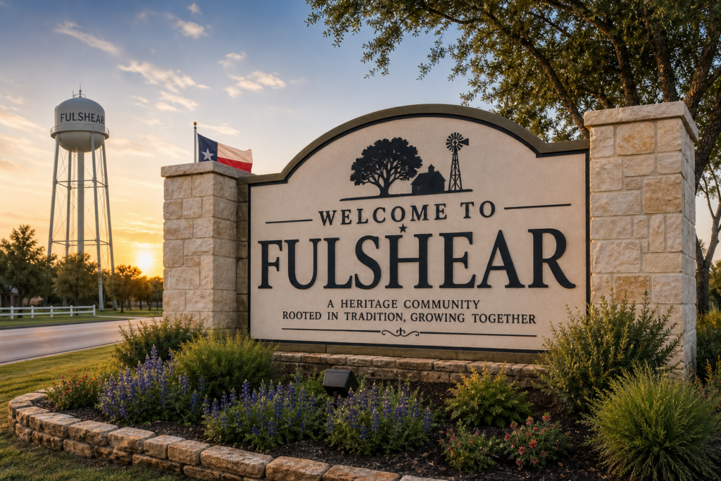 Welcome to Fulshear sign reading A Heritage Community Rooted in Tradition, Growing Together, with a water tower and Texas flag at sunset