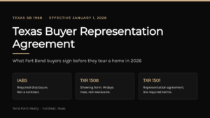 Texas buyer representation agreement and the IABS, TXR 1508 and TXR 1501 forms Fort Bend buyers sign in 2026